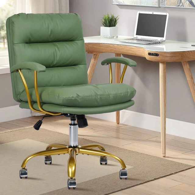 Alt view image 2 of 7 - KLASIKA Leather Executive Chair, Mid-Back Home Office Desk Chair with Gold Wheels & Removable Armrests, Rolling Swivel Computer Task Chair for Girls Women Vanity Make Up Bedroom Living Room, Green