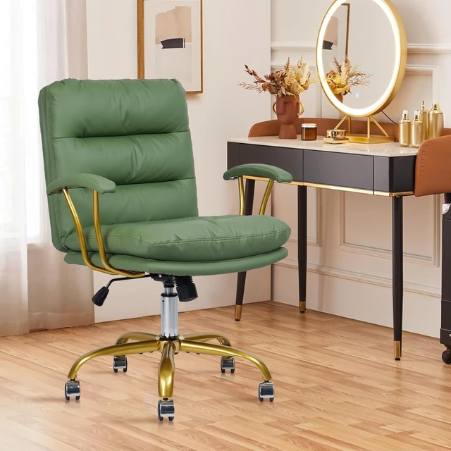 Alt view image 3 of 7 - KLASIKA Leather Executive Chair, Mid-Back Home Office Desk Chair with Gold Wheels & Removable Armrests, Rolling Swivel Computer Task Chair for Girls Women Vanity Make Up Bedroom Living Room, Green