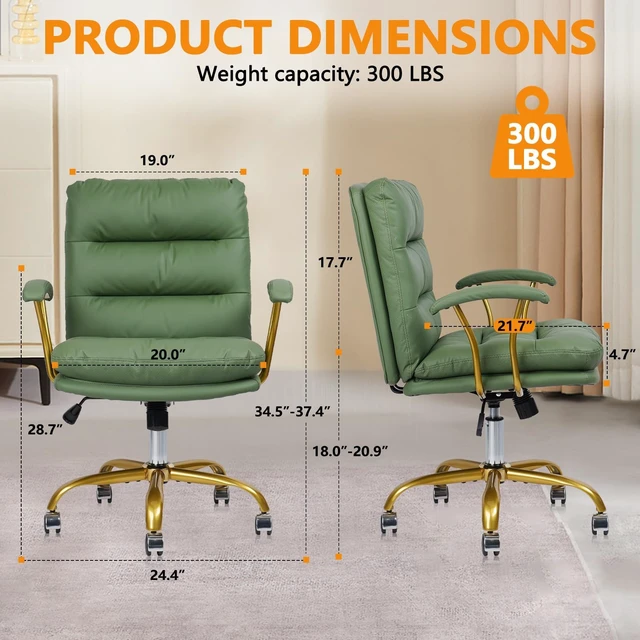 Alt view image 4 of 7 - KLASIKA Leather Executive Chair, Mid-Back Home Office Desk Chair with Gold Wheels & Removable Armrests, Rolling Swivel Computer Task Chair for Girls Women Vanity Make Up Bedroom Living Room, Green