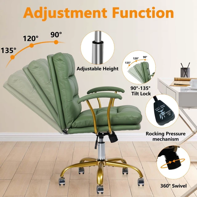 Alt view image 5 of 7 - KLASIKA Leather Executive Chair, Mid-Back Home Office Desk Chair with Gold Wheels & Removable Armrests, Rolling Swivel Computer Task Chair for Girls Women Vanity Make Up Bedroom Living Room, Green