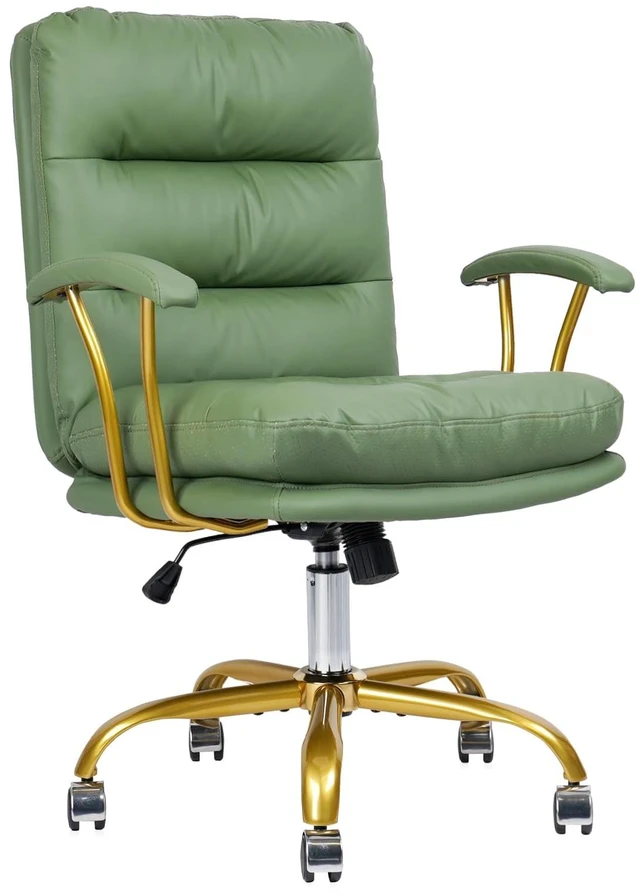 Main image of KLASIKA Leather Executive Chair, Mid-Back Home Office Desk Chair with Gold Wheels & Removable Armrests, Rolling Swivel Computer Task Chair for Girls Women Vanity Make Up Bedroom Living Room, Green