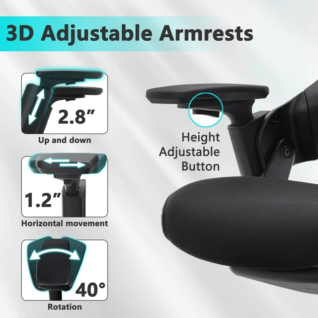 Alt view image 3 of 7 - CLATINA Ergonomic High Swivel Executive Chair with Adjustable Height Head 3D Arm Rest Lumbar Support and Upholstered Back for Home Office Black Mesh/High Back