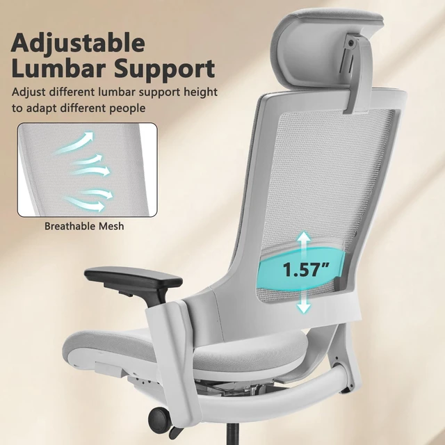 Alt view image 4 of 7 - CLATINA Ergonomic High Swivel Executive Chair with Adjustable Height Head 3D Arm Rest Lumbar Support and Upholstered Back for Home Office Gray Mesh/High Back