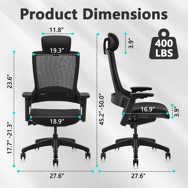 Alt view image 7 of 7 - CLATINA Ergonomic High Swivel Executive Chair with Adjustable Height Head 3D Arm Rest Lumbar Support and Upholstered Back for Home Office Black Mesh/High Back