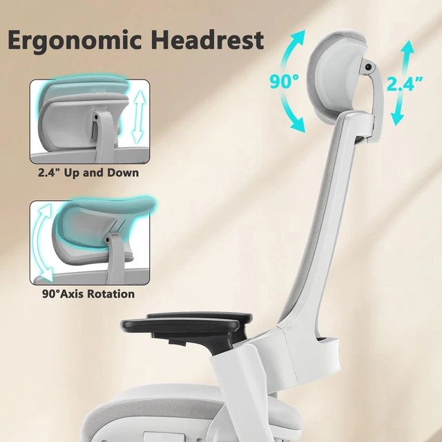Alt view image 6 of 7 - CLATINA Ergonomic High Swivel Executive Chair with Adjustable Height Head 3D Arm Rest Lumbar Support and Upholstered Back for Home Office Gray Mesh/High Back