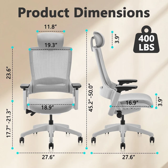 Alt view image 7 of 7 - CLATINA Ergonomic High Swivel Executive Chair with Adjustable Height Head 3D Arm Rest Lumbar Support and Upholstered Back for Home Office Gray Mesh/High Back