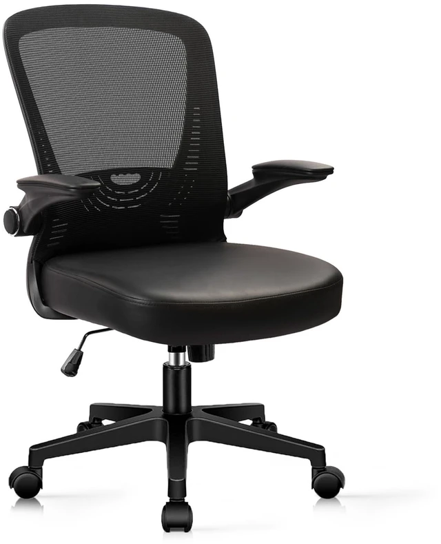 Main image of CLATINA Desk Chairs with PU Leather Seat, Flip Up Arms Ergonomic Mesh Back Office Chair with Lumbar Support, Adjustable Height Swivel Rolling Computer Chairs for Home School Conference Study, Black
