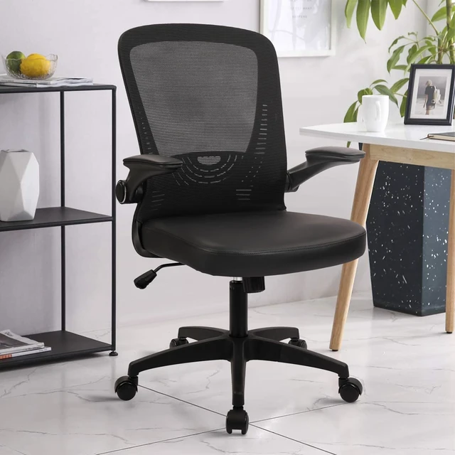 Alt view image 2 of 7 - CLATINA Desk Chairs with PU Leather Seat, Flip Up Arms Ergonomic Mesh Back Office Chair with Lumbar Support, Adjustable Height Swivel Rolling Computer Chairs for Home School Conference Study, Black