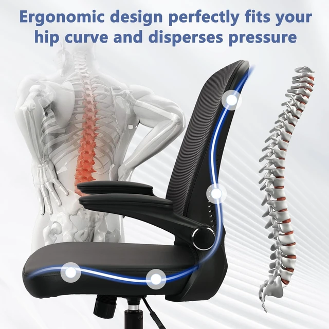 Alt view image 3 of 7 - CLATINA Desk Chairs with PU Leather Seat, Flip Up Arms Ergonomic Mesh Back Office Chair with Lumbar Support, Adjustable Height Swivel Rolling Computer Chairs for Home School Conference Study, Black