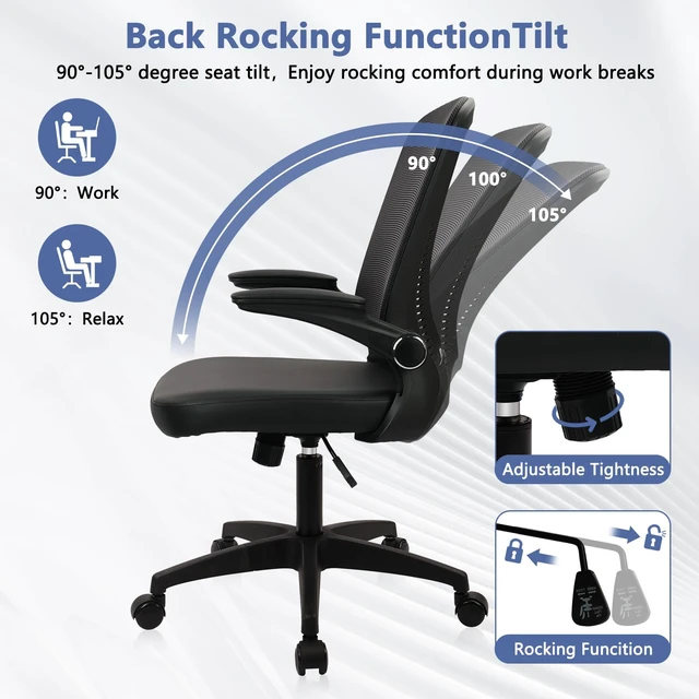Alt view image 4 of 7 - CLATINA Desk Chairs with PU Leather Seat, Flip Up Arms Ergonomic Mesh Back Office Chair with Lumbar Support, Adjustable Height Swivel Rolling Computer Chairs for Home School Conference Study, Black