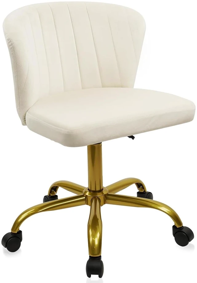 Main image of CLATINA Home Office Desk Chair Velvet Vanity Chairs Gold Base, Ergonomic Small Cute Chair Adjustable Height with Wheels Rolling Armless Chair Swivel Task Chair for Study Living Room Bedroom, White