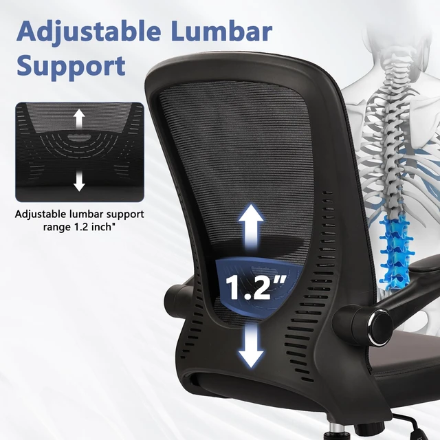 Alt view image 5 of 7 - CLATINA Desk Chairs with PU Leather Seat, Flip Up Arms Ergonomic Mesh Back Office Chair with Lumbar Support, Adjustable Height Swivel Rolling Computer Chairs for Home School Conference Study, Black