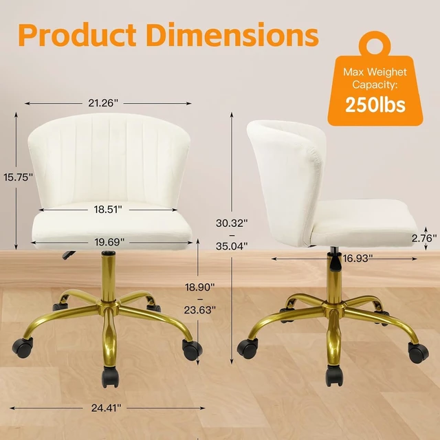 Alt view image 3 of 7 - CLATINA Home Office Desk Chair Velvet Vanity Chairs Gold Base, Ergonomic Small Cute Chair Adjustable Height with Wheels Rolling Armless Chair Swivel Task Chair for Study Living Room Bedroom, White