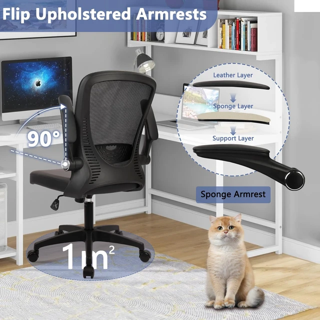 Alt view image 6 of 7 - CLATINA Desk Chairs with PU Leather Seat, Flip Up Arms Ergonomic Mesh Back Office Chair with Lumbar Support, Adjustable Height Swivel Rolling Computer Chairs for Home School Conference Study, Black