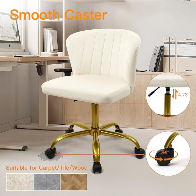 Alt view image 4 of 7 - CLATINA Home Office Desk Chair Velvet Vanity Chairs Gold Base, Ergonomic Small Cute Chair Adjustable Height with Wheels Rolling Armless Chair Swivel Task Chair for Study Living Room Bedroom, White