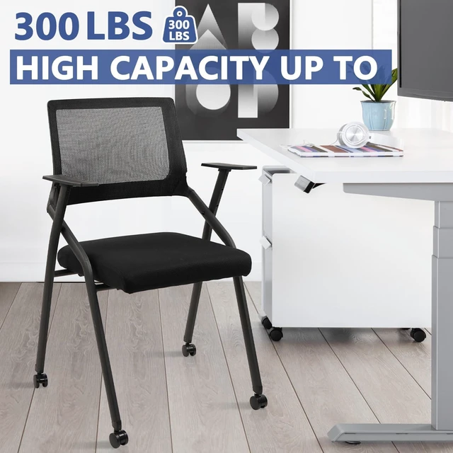 Alt view image 6 of 7 - CLATINA Ergonomic Stackable & Foldable Conference Room Chairs, Mesh Office Chair with Arms and Wheels for Office Waiting Room Meeting Lobby Church School Receptions and Training Black