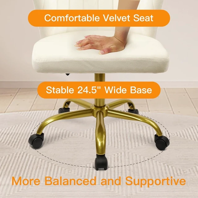 Alt view image 5 of 7 - CLATINA Home Office Desk Chair Velvet Vanity Chairs Gold Base, Ergonomic Small Cute Chair Adjustable Height with Wheels Rolling Armless Chair Swivel Task Chair for Study Living Room Bedroom, White