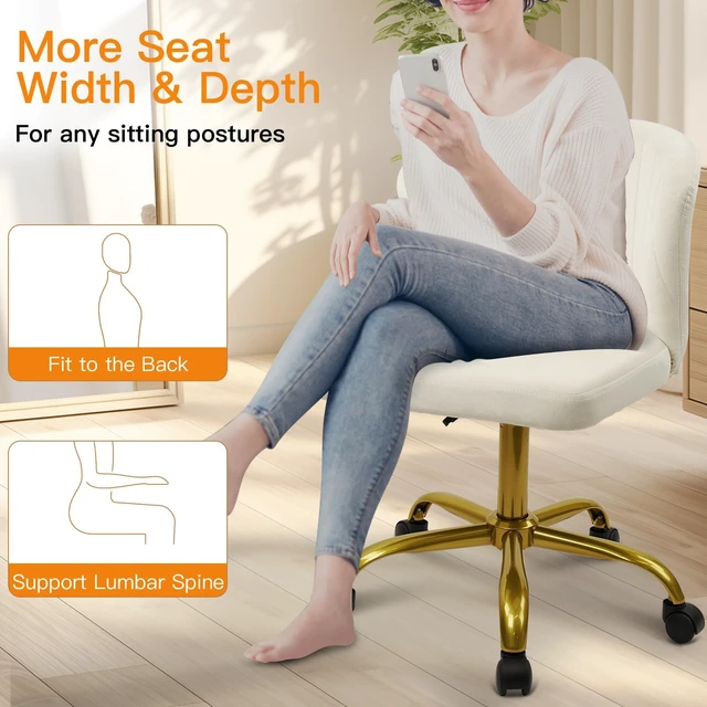 Alt view image 2 of 7 - CLATINA Home Office Desk Chair Velvet Vanity Chairs Gold Base, Ergonomic Small Cute Chair Adjustable Height with Wheels Rolling Armless Chair Swivel Task Chair for Study Living Room Bedroom, White