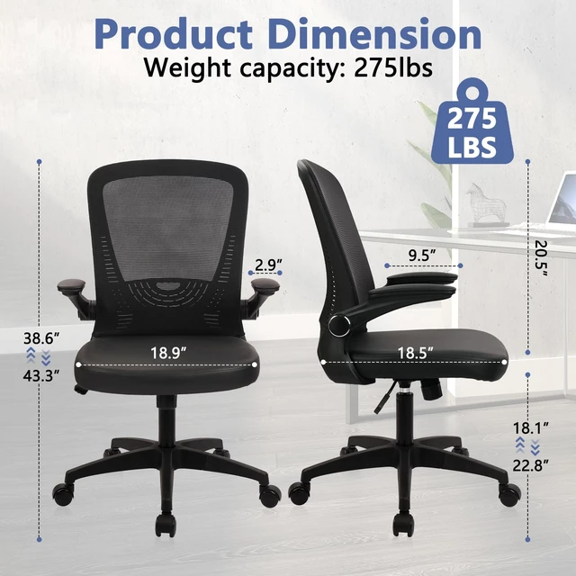 Alt view image 7 of 7 - CLATINA Desk Chairs with PU Leather Seat, Flip Up Arms Ergonomic Mesh Back Office Chair with Lumbar Support, Adjustable Height Swivel Rolling Computer Chairs for Home School Conference Study, Black