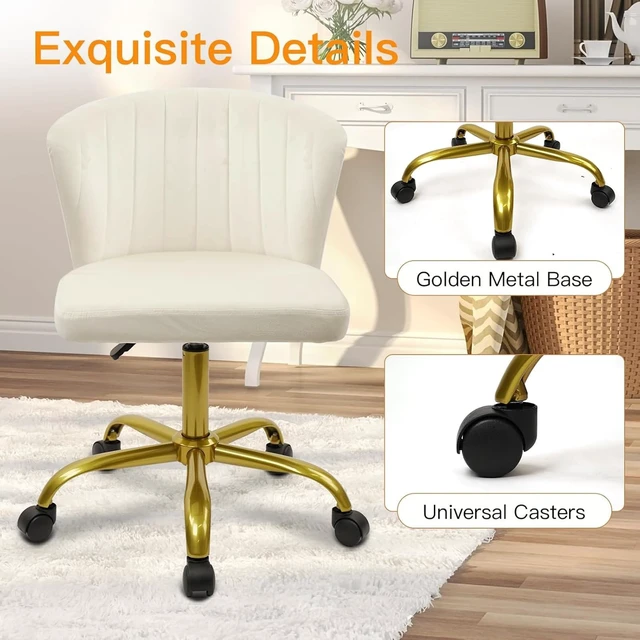 Alt view image 7 of 7 - CLATINA Home Office Desk Chair Velvet Vanity Chairs Gold Base, Ergonomic Small Cute Chair Adjustable Height with Wheels Rolling Armless Chair Swivel Task Chair for Study Living Room Bedroom, White