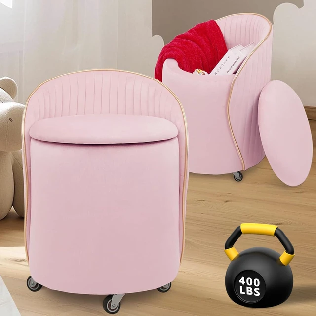 Main image of KLASIKA Round Storage Ottoman, Upholstered Velvet Vanity Stool with Lumbar Support, Swivel Rolling Wheels, Small Foot Stools Coffee Table Padded Seat for Makeup Room, Living Room, Bedroom (Pink)