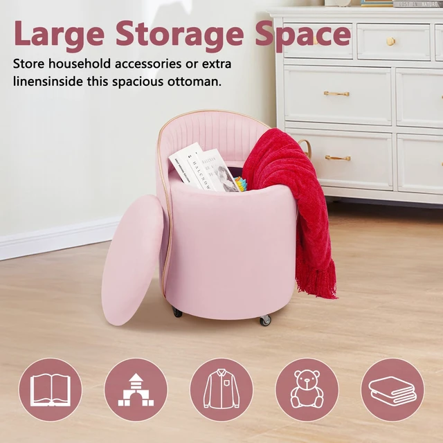 Alt view image 2 of 7 - KLASIKA Round Storage Ottoman, Upholstered Velvet Vanity Stool with Lumbar Support, Swivel Rolling Wheels, Small Foot Stools Coffee Table Padded Seat for Makeup Room, Living Room, Bedroom (Pink)