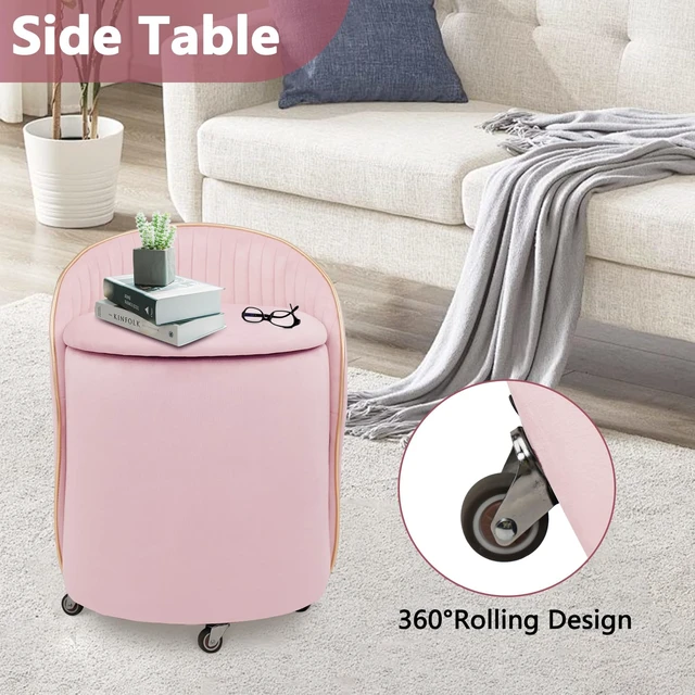 Alt view image 3 of 7 - KLASIKA Round Storage Ottoman, Upholstered Velvet Vanity Stool with Lumbar Support, Swivel Rolling Wheels, Small Foot Stools Coffee Table Padded Seat for Makeup Room, Living Room, Bedroom (Pink)