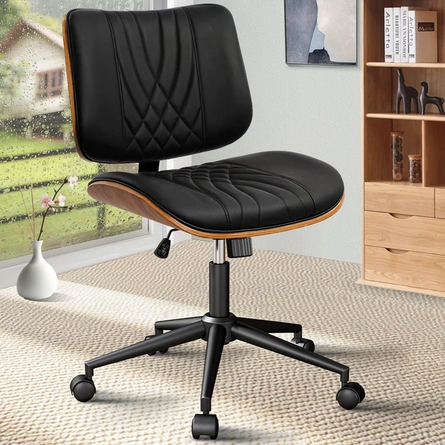 Main image of CLATINA Armless Home Office Chair, Desk Chair with Wheels, Adjustable Height Reading Chair, Leather Mid Back & Swivel Computer Chair, Modern Walnut Chairs with Back for Studio Meeting Room(Black)