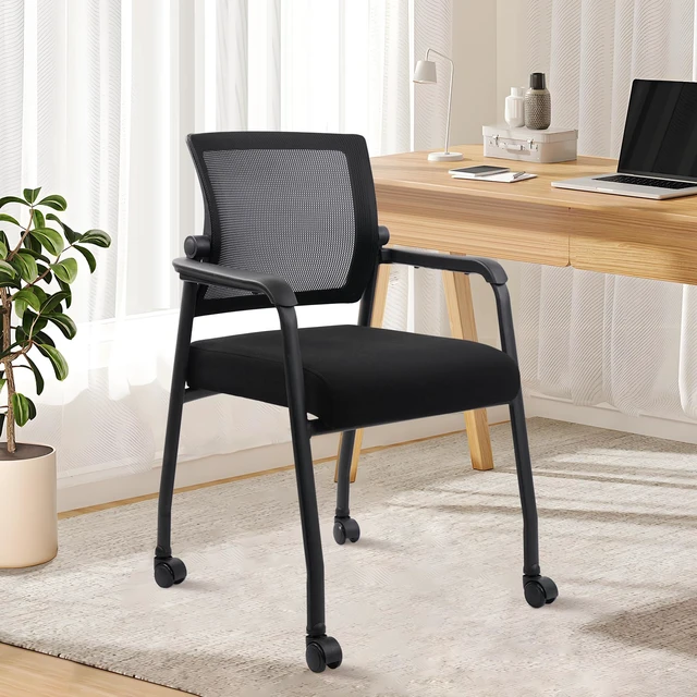 Alt view image 2 of 7 - KLASIKA Waiting Room Chairs with Wheels, Adjustable Mesh Backrest, Desk Chair with Ergonomic Lumbar Support and Thickened Seats Cushion, Black