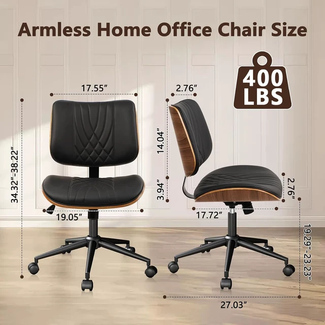 Alt view image 2 of 7 - CLATINA Armless Home Office Chair, Desk Chair with Wheels, Adjustable Height Reading Chair, Leather Mid Back & Swivel Computer Chair, Modern Walnut Chairs with Back for Studio Meeting Room(Black)