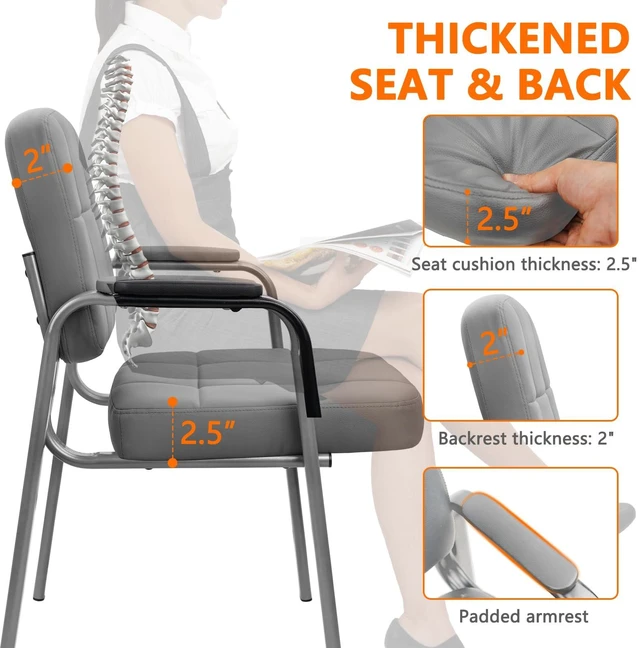Alt view image 3 of 7 - CLATINA Big & Tall 500 lbs Waiting Room Guest Chair, Leather Office Reception Chair No Wheels with Padded Arms for Elderly Home Desk Conference Room Lobby Side Salon Clinic, Grey