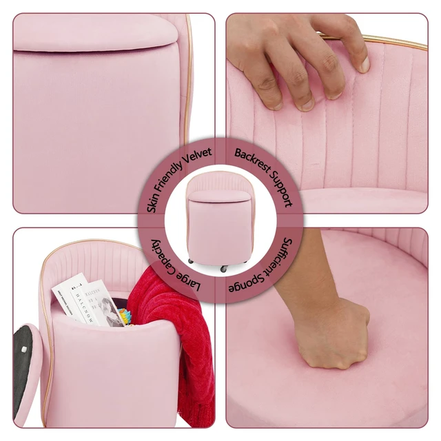 Alt view image 4 of 7 - KLASIKA Round Storage Ottoman, Upholstered Velvet Vanity Stool with Lumbar Support, Swivel Rolling Wheels, Small Foot Stools Coffee Table Padded Seat for Makeup Room, Living Room, Bedroom (Pink)