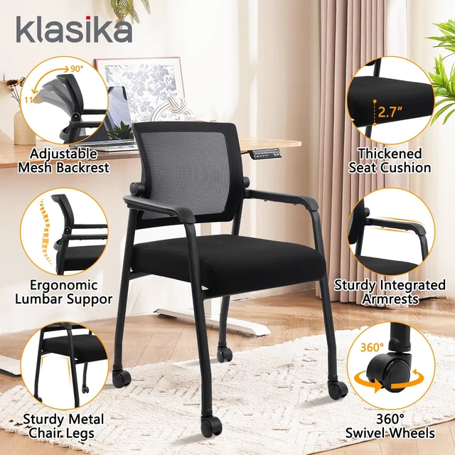 Alt view image 3 of 7 - KLASIKA Waiting Room Chairs with Wheels, Adjustable Mesh Backrest, Desk Chair with Ergonomic Lumbar Support and Thickened Seats Cushion, Black