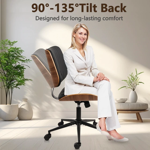 Alt view image 3 of 7 - CLATINA Armless Home Office Chair, Desk Chair with Wheels, Adjustable Height Reading Chair, Leather Mid Back & Swivel Computer Chair, Modern Walnut Chairs with Back for Studio Meeting Room(Black)