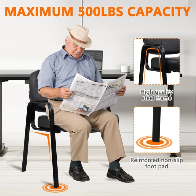 Alt view image 3 of 7 - CLATINA Big & Tall 500 lbs Leather Office Reception Chair No Wheels with Padded Arms, Waiting Room Guest Chair for Elderly Home Desk Conference Room Lobby Side Salon Clinic, Black