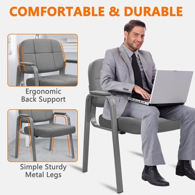 Alt view image 4 of 7 - CLATINA Big & Tall 500 lbs Waiting Room Guest Chair, Leather Office Reception Chair No Wheels with Padded Arms for Elderly Home Desk Conference Room Lobby Side Salon Clinic, Grey
