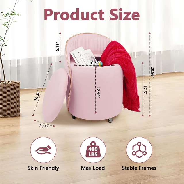 Alt view image 5 of 7 - KLASIKA Round Storage Ottoman, Upholstered Velvet Vanity Stool with Lumbar Support, Swivel Rolling Wheels, Small Foot Stools Coffee Table Padded Seat for Makeup Room, Living Room, Bedroom (Pink)