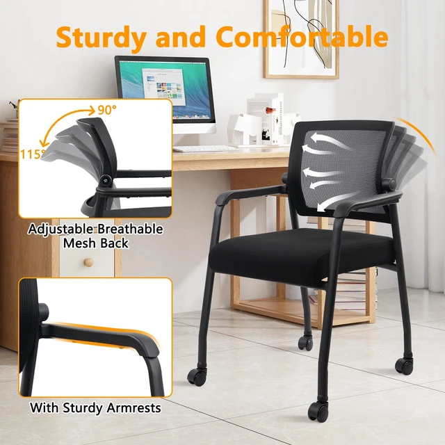 Alt view image 4 of 7 - KLASIKA Waiting Room Chairs with Wheels, Adjustable Mesh Backrest, Desk Chair with Ergonomic Lumbar Support and Thickened Seats Cushion, Black