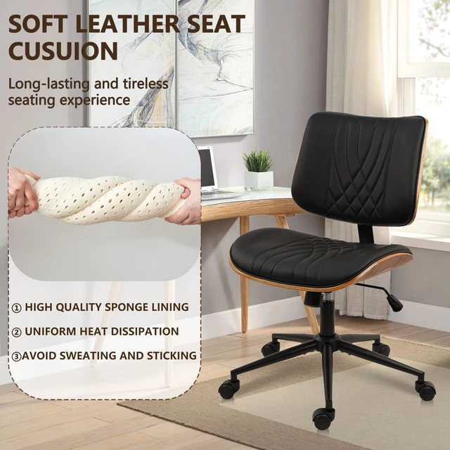 Alt view image 4 of 7 - CLATINA Armless Home Office Chair, Desk Chair with Wheels, Adjustable Height Reading Chair, Leather Mid Back & Swivel Computer Chair, Modern Walnut Chairs with Back for Studio Meeting Room(Black)
