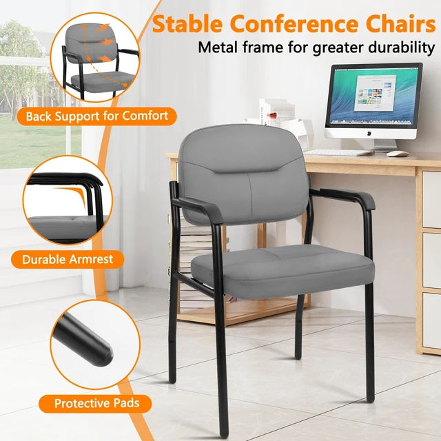 Alt view image 2 of 7 - CLATINA Leather Guest Chair No Wheels, Office Reception Chair with Armrests and Lumber Support, Ergonomic Desk Armchair for Meeting Waiting Conference Lobby Room Shool, Grey, 1PK