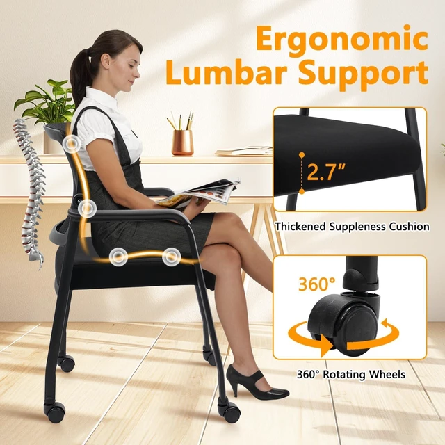 Alt view image 5 of 7 - KLASIKA Waiting Room Chairs with Wheels, Adjustable Mesh Backrest, Desk Chair with Ergonomic Lumbar Support and Thickened Seats Cushion, Black