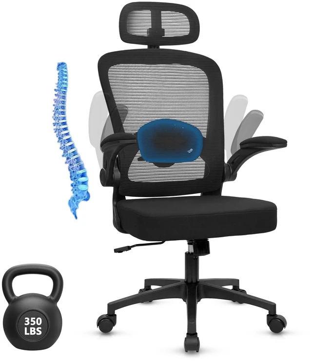 Main image of KLASIKA Desk Chairs with Wheels, Ergonomic Mesh Back Home Office Chair with Headrest, Adjustable Lumbar Support Swivel Rolling Computer Chairs with Flip Up Armrests for Conference Meeting Room, Black