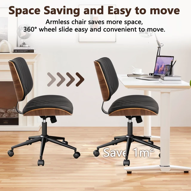 Alt view image 5 of 7 - CLATINA Armless Home Office Chair, Desk Chair with Wheels, Adjustable Height Reading Chair, Leather Mid Back & Swivel Computer Chair, Modern Walnut Chairs with Back for Studio Meeting Room(Black)