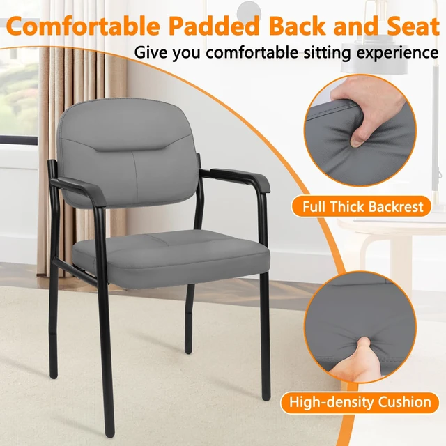 Alt view image 5 of 7 - CLATINA Leather Guest Chair No Wheels, Office Reception Chair with Armrests and Lumber Support, Ergonomic Desk Armchair for Meeting Waiting Conference Lobby Room Shool, Grey, 1PK