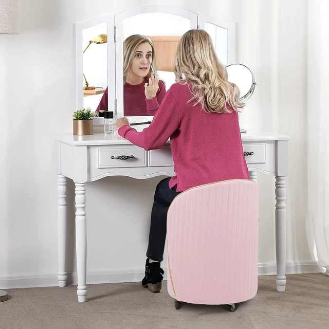 Alt view image 6 of 7 - KLASIKA Round Storage Ottoman, Upholstered Velvet Vanity Stool with Lumbar Support, Swivel Rolling Wheels, Small Foot Stools Coffee Table Padded Seat for Makeup Room, Living Room, Bedroom (Pink)