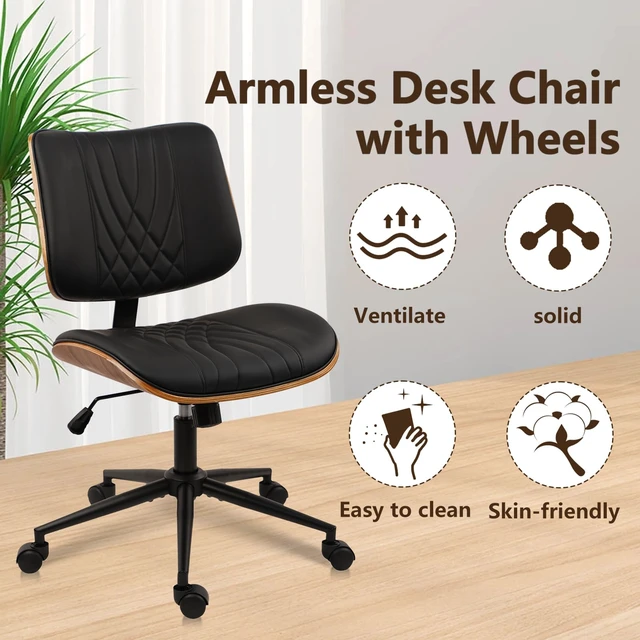 Alt view image 6 of 7 - CLATINA Armless Home Office Chair, Desk Chair with Wheels, Adjustable Height Reading Chair, Leather Mid Back & Swivel Computer Chair, Modern Walnut Chairs with Back for Studio Meeting Room(Black)