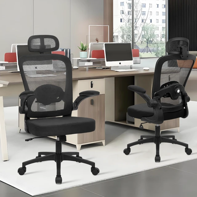 Alt view image 2 of 7 - KLASIKA Desk Chairs with Wheels, Ergonomic Mesh Back Home Office Chair with Headrest, Adjustable Lumbar Support Swivel Rolling Computer Chairs with Flip Up Armrests for Conference Meeting Room, Black