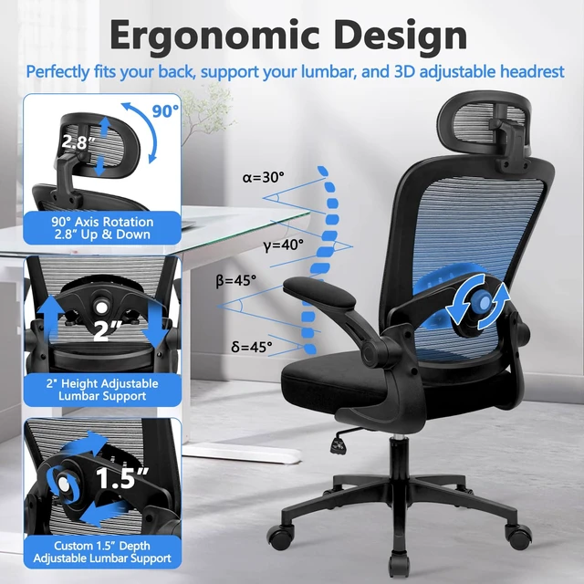 Alt view image 3 of 7 - KLASIKA Desk Chairs with Wheels, Ergonomic Mesh Back Home Office Chair with Headrest, Adjustable Lumbar Support Swivel Rolling Computer Chairs with Flip Up Armrests for Conference Meeting Room, Black