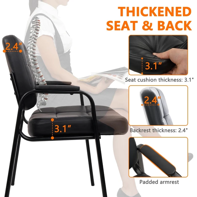 Alt view image 5 of 7 - CLATINA Big & Tall 500 lbs Leather Office Reception Chair No Wheels with Padded Arms, Waiting Room Guest Chair for Elderly Home Desk Conference Room Lobby Side Salon Clinic, Black
