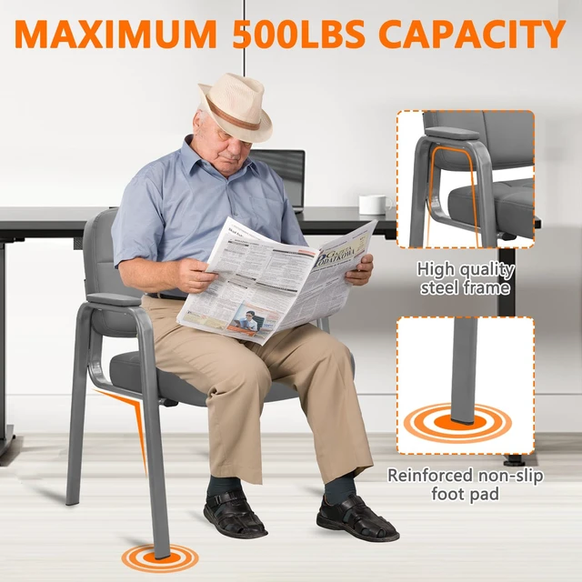Alt view image 6 of 7 - CLATINA Big & Tall 500 lbs Waiting Room Guest Chair, Leather Office Reception Chair No Wheels with Padded Arms for Elderly Home Desk Conference Room Lobby Side Salon Clinic, Grey